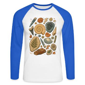 Fossilien | Paläontologie & Urzeit - Unisex Baseballshirt langarm - Weiß/Royalblau - Vorne - Nik (191cm)