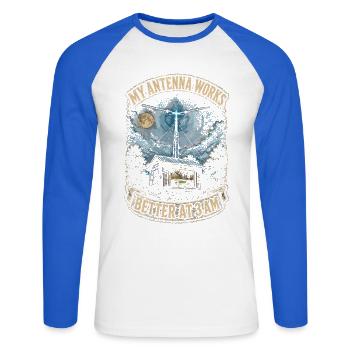 Amateurfunk Amateurfunker - Unisex Baseballshirt langarm - Weiß/Royalblau - Vorne - Nik (191cm)