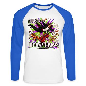 Lustiges Dirigentengeschenk – Mein eigenes Chaos dirigieren - Unisex Baseballshirt langarm - Weiß/Royalblau - Vorne - Nik (191cm)