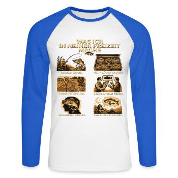 Was ich in meiner Freizeit mache - Unisex Baseballshirt langarm - Weiß/Royalblau - Vorne - Nik (191cm)