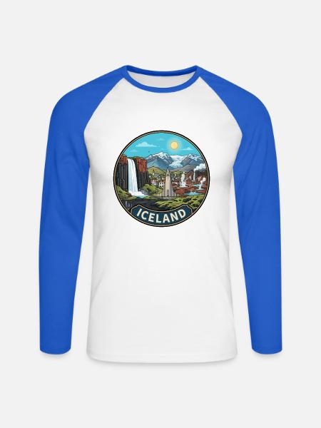 Island-Reiseabzeichen Skogafoss-Wasserfallvulkan - Unisex Baseballshirt langarm - Weiß/Royalblau