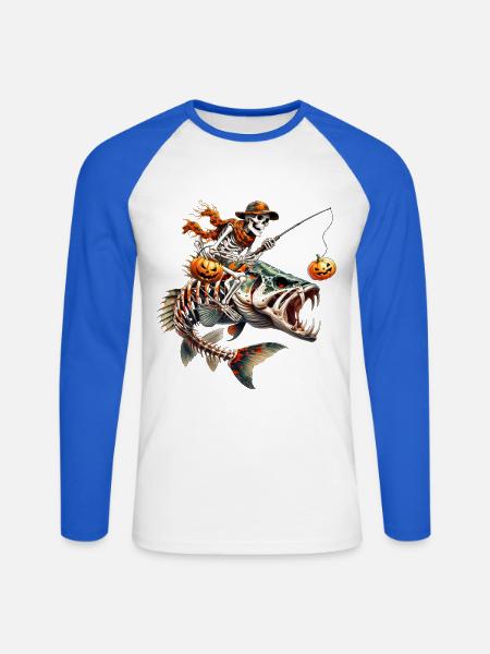 Skelettpirat auf Feuriger Monsterfisch - Unisex Baseballshirt langarm - Weiß/Royalblau