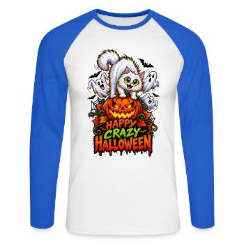 Happy Crazy Halloween Cat – Spooky Pumpkin  - Unisex Baseballshirt langarm - Weiß/Royalblau - Vorne - Nik (191cm)