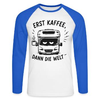 Erst Kaffee Dann Die Welt Bus - Unisex Baseballshirt langarm - Weiß/Royalblau - Vorne - Nik (191cm)