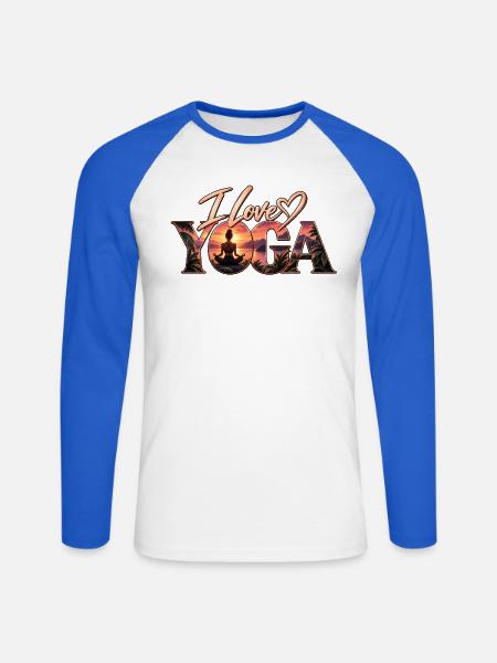 Ich liebe Yoga – Sonnenuntergangsmeditation - Unisex Baseballshirt langarm - Weiß/Royalblau