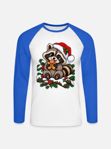 Waschbär mit Weihnachtsmütze und Lebkuchen - Unisex Baseballshirt langarm - Weiß/Royalblau