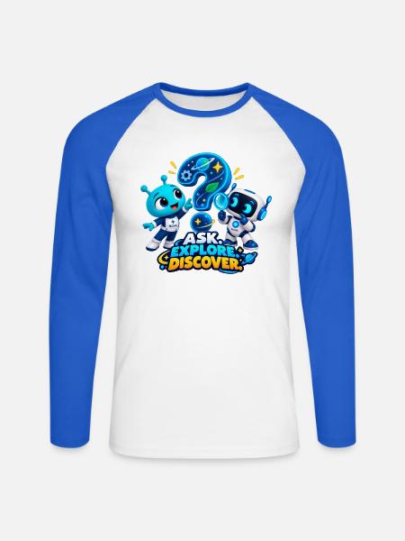Frag. Erkunde. Entdecke. - Unisex Baseballshirt langarm - Weiß/Royalblau