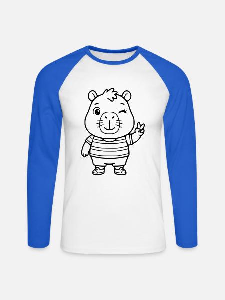 Niedliche zwinkernde Capybara-Peace-Zeichen-Zeichnung - Unisex Baseballshirt langarm - Weiß/Royalblau