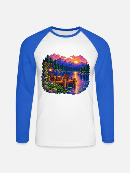 Waldsee Abend Dock - Unisex Baseballshirt langarm - Weiß/Royalblau