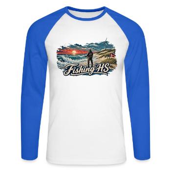 Angeln Hvide Sande - Unisex Baseballshirt langarm - Weiß/Royalblau - Vorne - Nik (191cm)