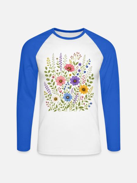 Farbenfroher Wildblumenstrauss - Unisex Baseballshirt langarm - Weiß/Royalblau
