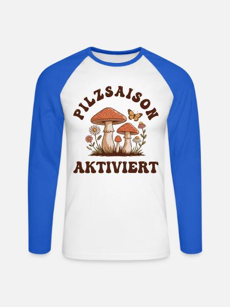 Pilzsaison Aktiv – Pilze Sammeln - Unisex Baseballshirt langarm - Weiß/Royalblau