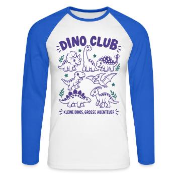 Dino Club – Kleine Dinos, große Abenteuer - Unisex Baseballshirt langarm - Weiß/Royalblau - Vorne - Nik (191cm)