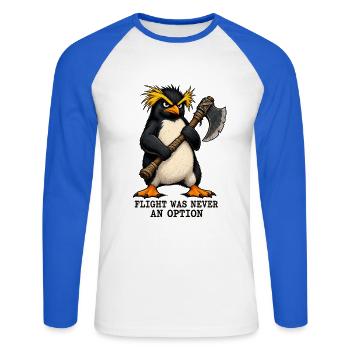 Funny Angry Penguin - Flight Was Never An Option - Unisex Baseballshirt langarm - Weiß/Royalblau - Vorne - Nik (191cm)