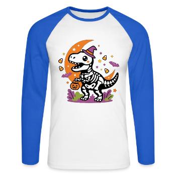 Skelett-Dinosaurier hält Kürbiskorb Halloween - Unisex Baseballshirt langarm - Weiß/Royalblau - Vorne - Nik (191cm)