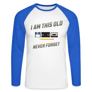I'm This Old Never Forget Retro Design - Unisex Baseballshirt langarm - Weiß/Royalblau - Vorne - Nik (191cm)
