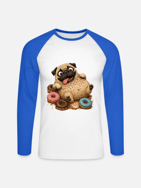 Süßer Pug mit bunten Donuts - Unisex Baseballshirt langarm - Weiß/Royalblau
