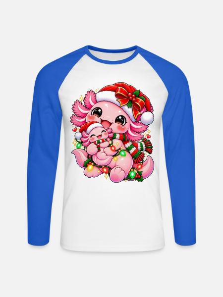 Kawaii Weihnachtsdrache mit Lichterkette - Unisex Baseballshirt langarm - Weiß/Royalblau