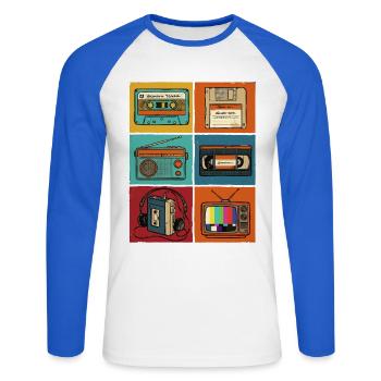90er Jahre, 80er Jahre Party, Kassette, Nostalgie - Unisex Baseballshirt langarm - Weiß/Royalblau - Vorne - Nik (191cm)