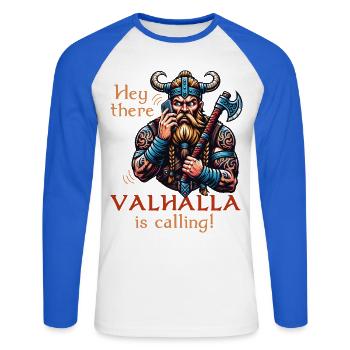 Hey there, Valhalla is calling! Wikinger Walhalla - Unisex Baseballshirt langarm - Weiß/Royalblau - Vorne - Nik (191cm)