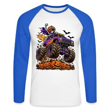 Skelett im Monstertruck: Halloween-Power - Unisex Baseballshirt langarm - Weiß/Royalblau - Vorne - Nik (191cm)