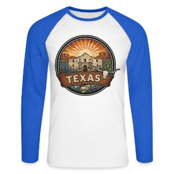 Texas Alamo Lone Star Vintage-Reiseabzeichen - Unisex Baseballshirt langarm - Weiß/Royalblau - Vorne - Nik (191cm)