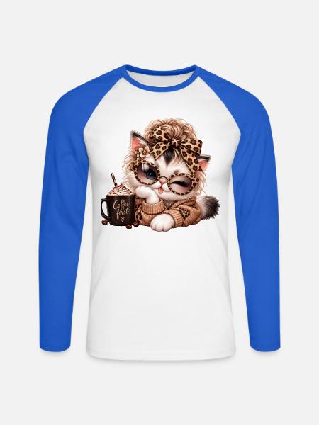 Kuschelkätzchen Leopardebow - Unisex Baseballshirt langarm - Weiß/Royalblau