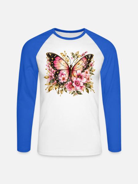 Flügeltraum Schmetterling Blüten - Unisex Baseballshirt langarm - Weiß/Royalblau