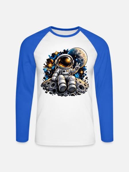 Astronaut auf Mondstein - Unisex Baseballshirt langarm - Weiß/Royalblau