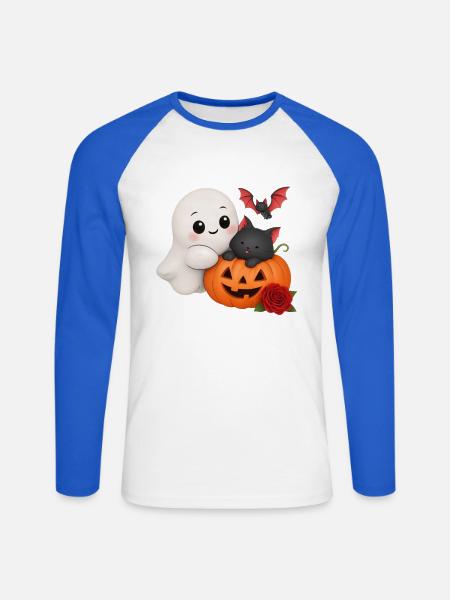 Verspielter Geisterkatzen-Kürbis - Unisex Baseballshirt langarm - Weiß/Royalblau