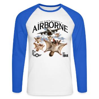 Airborne Flughörnchen – Vintage Flieger Design - Unisex Baseballshirt langarm - Weiß/Royalblau - Vorne - Nik (191cm)