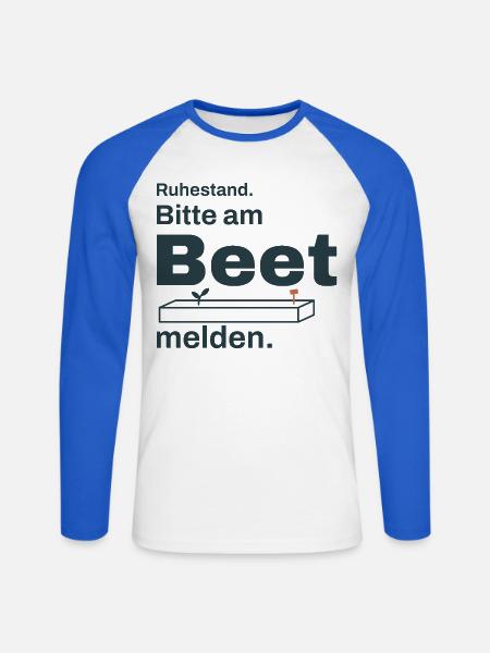 Ruhestand – Bitte am Beet melden - Unisex Baseballshirt langarm - Weiß/Royalblau