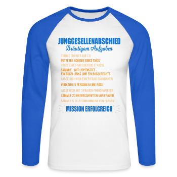 Junggesellenabschied Aufgaben Bräutigam Checkliste - Unisex Baseballshirt langarm - Weiß/Royalblau - Vorne - Nik (191cm)