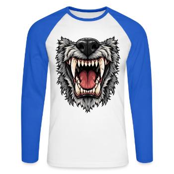 Wolfsmaul Gebrüll Motiv - Unisex Baseballshirt langarm - Weiß/Royalblau - Vorne - Nik (191cm)