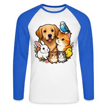 Bunte Tierfreunde 🐶🐱🐰🐹🐥🦜 - Unisex Baseballshirt langarm - Weiß/Royalblau - Vorne - Nik (191cm)