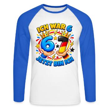 Ich War 6 Jetzt Bin Ich 7 – Six Seven 7 Geburtstag - Unisex Baseballshirt langarm - Weiß/Royalblau - Vorne - Nik (191cm)