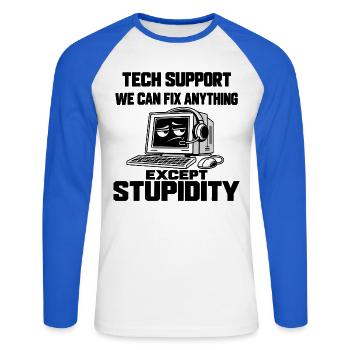 IT Support Humor - Alles lösbar außer Dummheit - Unisex Baseballshirt langarm - Weiß/Royalblau - Vorne - Nik (191cm)