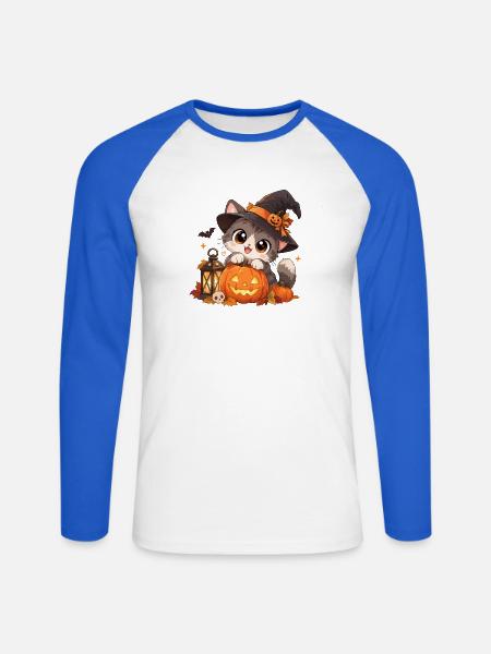 Süße Hexenkatze mit Kürbis - Unisex Baseballshirt langarm - Weiß/Royalblau