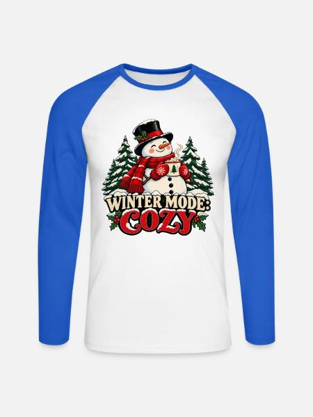 Wintermodus: Gemütlich – Schneemann mit Tasse - Unisex Baseballshirt langarm - Weiß/Royalblau