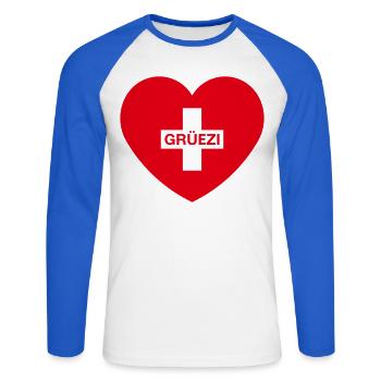 Grüezi (Herz / Schweizerkreuz / Schweiz / 1C) - Unisex Baseballshirt langarm - Weiß/Royalblau - Vorne - Nik (191cm)