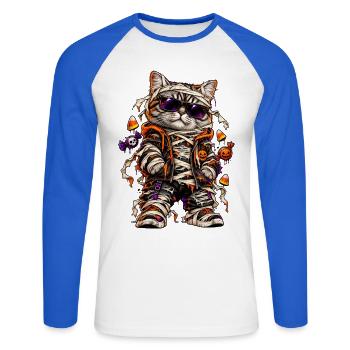 Halloween Mumienkatze mit Süßkram - Unisex Baseballshirt langarm - Weiß/Royalblau - Vorne - Nik (191cm)