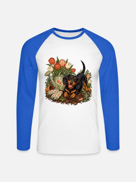 Garten-Dackel Tulpenliebe - Unisex Baseballshirt langarm - Weiß/Royalblau
