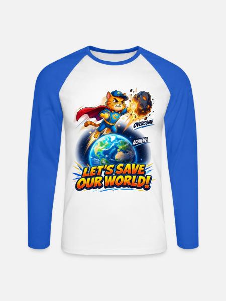 Superhelden-Kätzchen rettet die Erde - Unisex Baseballshirt langarm - Weiß/Royalblau