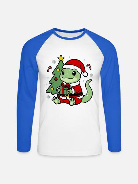 Süßes Kawaii Gecko-Weihnachtsbaum-Geschenketikett - Unisex Baseballshirt langarm - Weiß/Royalblau
