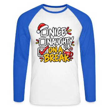 Nice Naughty On a Break - Unisex Baseballshirt langarm - Weiß/Royalblau - Vorne - Nik (191cm)