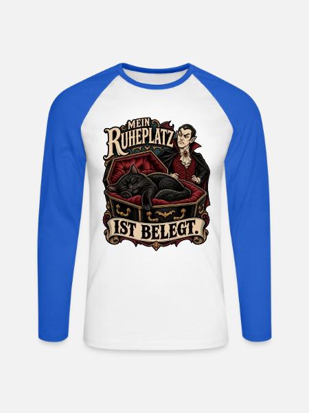 Ruheplatz belegt – Katze und Vampir - Unisex Baseballshirt langarm - Weiß/Royalblau
