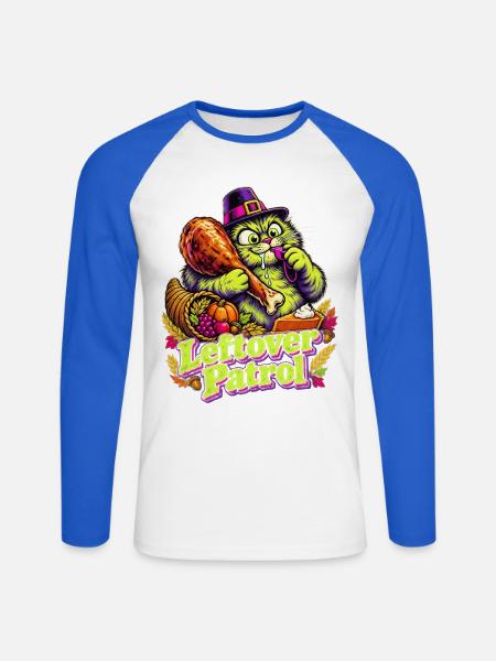 Thanksgiving-Katze Leftover Patrol beim Truthahn - Unisex Baseballshirt langarm - Weiß/Royalblau