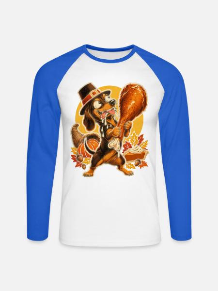 Thanksgiving Dackel mit Truthahn-Drumstick - Unisex Baseballshirt langarm - Weiß/Royalblau