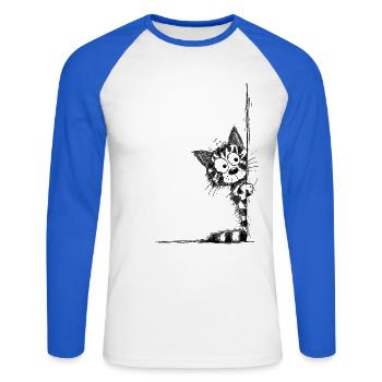 Getigerte Katze Sketch schaut um die Ecke - Unisex Baseballshirt langarm - Weiß/Royalblau - Vorne - Nik (191cm)