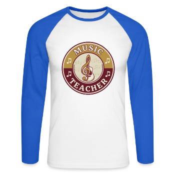 Vintage-Musiklehrer Treble Clef Gitarrenabzeichen oben - Unisex Baseballshirt langarm - Weiß/Royalblau - Vorne - Nik (191cm)